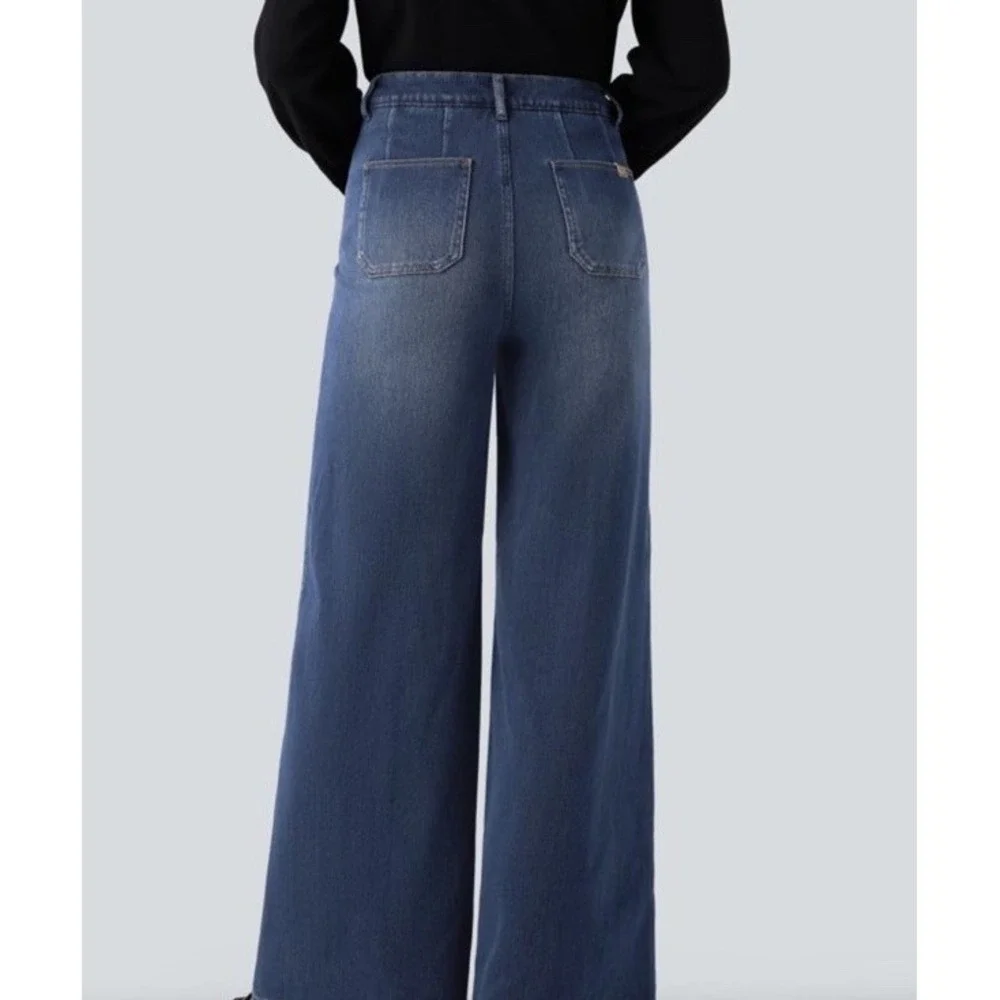 Halara Flex High Waisted Tummy Control Wide Leg Casual  Blue Jeans Size Petite L - Picture 9 of 16